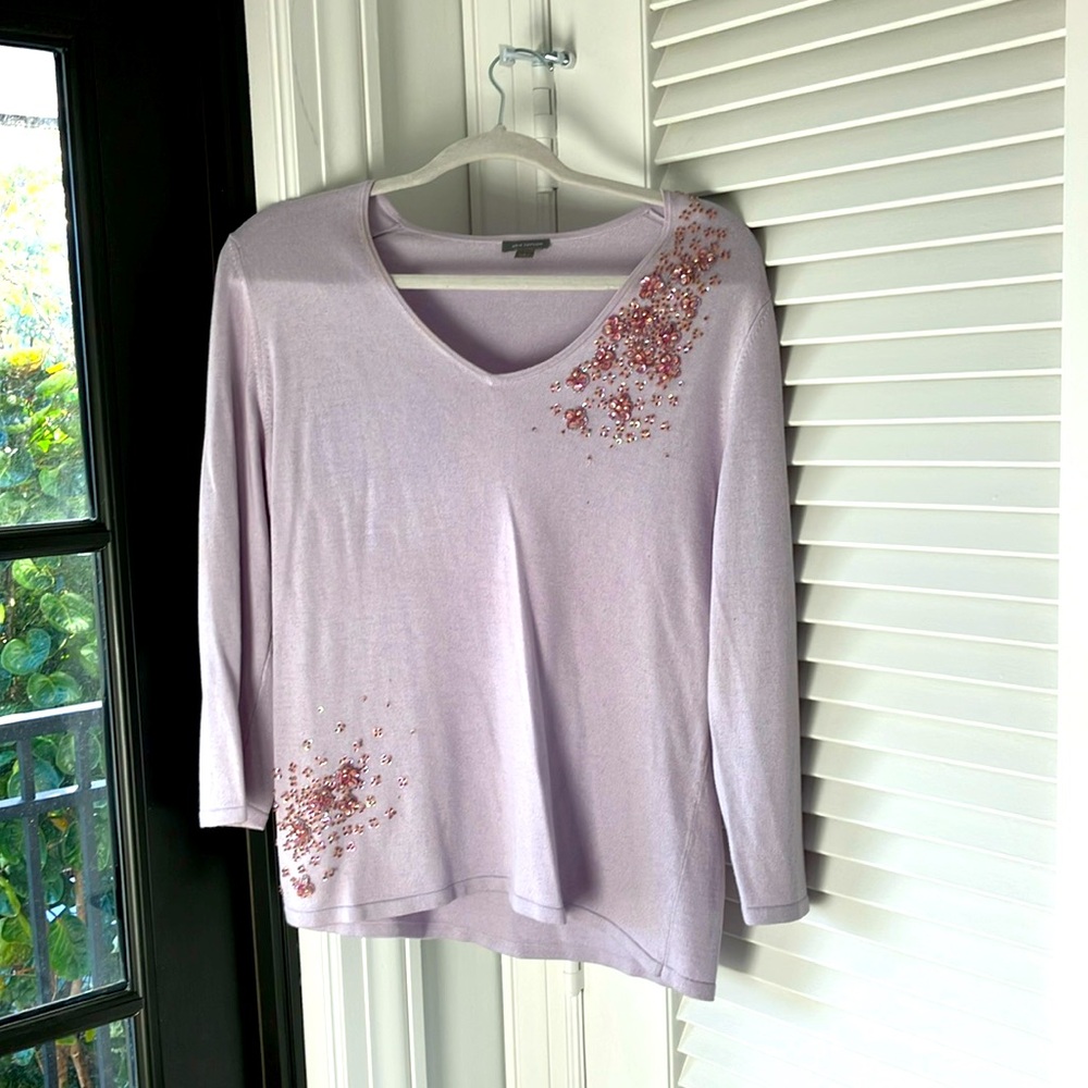 Ann Taylor bedazzled v-neck lavender sweater.